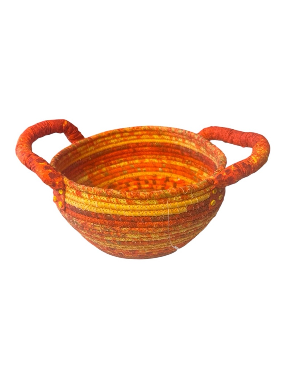 Handmade K Designs Coiled Fabric Basket Orange Rust Gold Double Handle